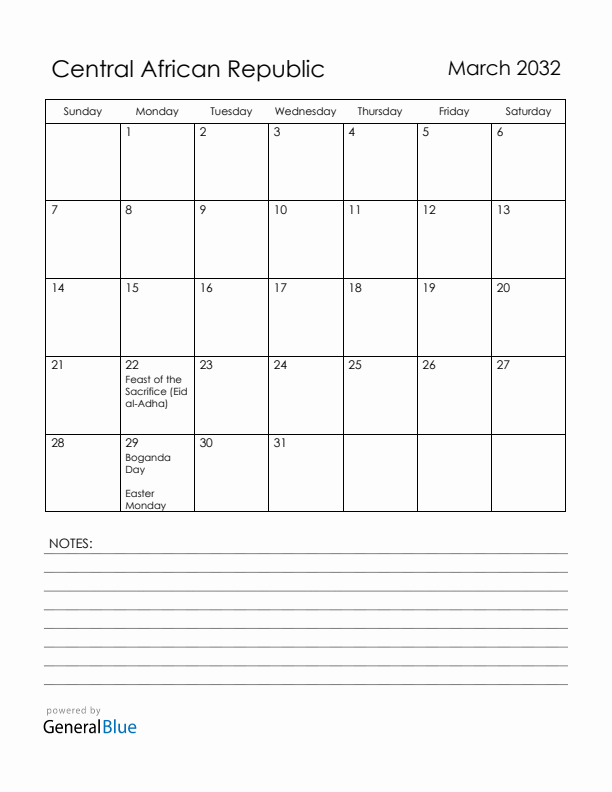 March 2032 Central African Republic Calendar with Holidays (Sunday Start)