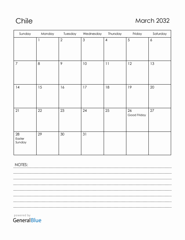 March 2032 Chile Calendar with Holidays (Sunday Start)