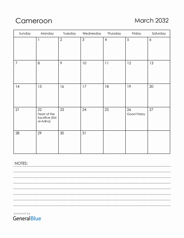 March 2032 Cameroon Calendar with Holidays (Sunday Start)