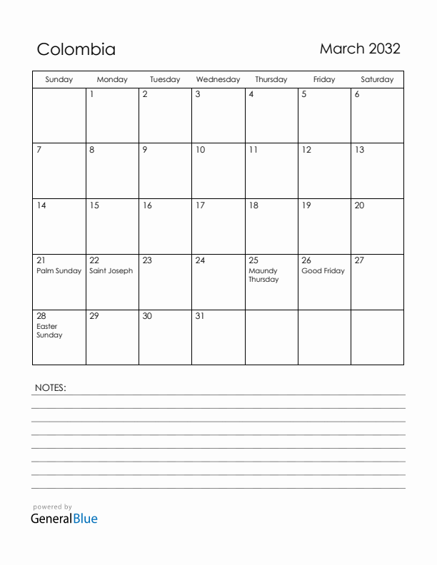March 2032 Colombia Calendar with Holidays (Sunday Start)