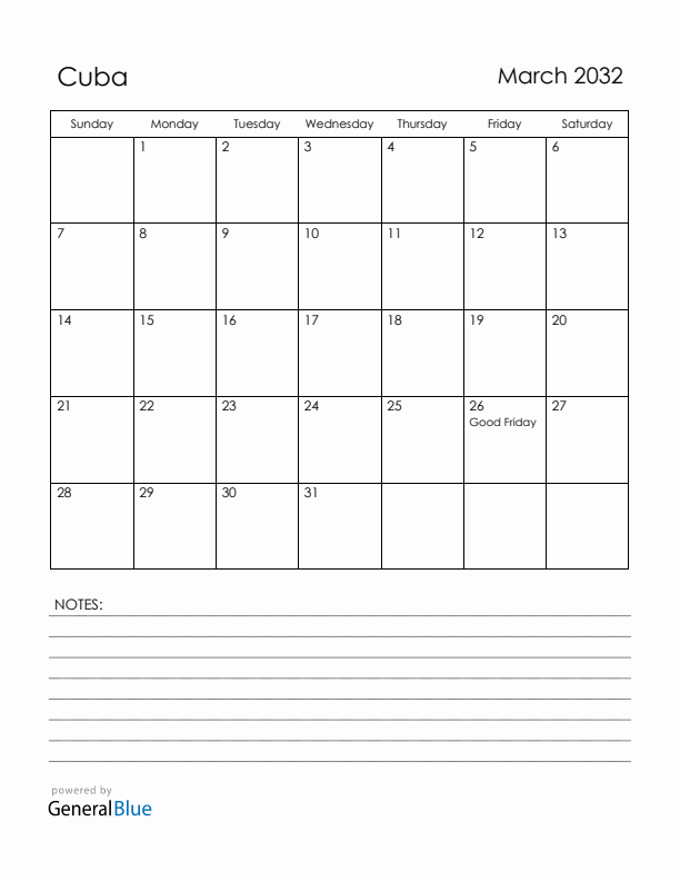 March 2032 Cuba Calendar with Holidays (Sunday Start)