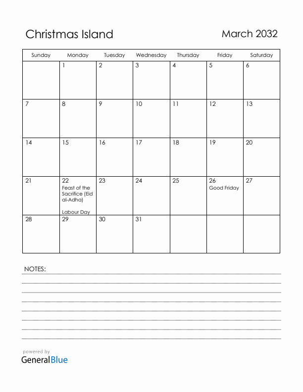 March 2032 Christmas Island Calendar with Holidays (Sunday Start)