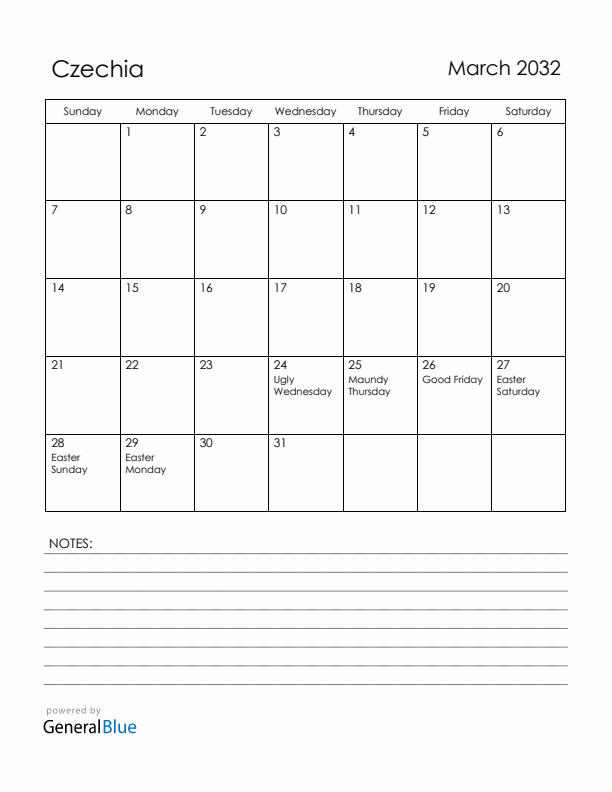March 2032 Czechia Calendar with Holidays (Sunday Start)