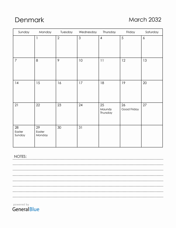 March 2032 Denmark Calendar with Holidays (Sunday Start)