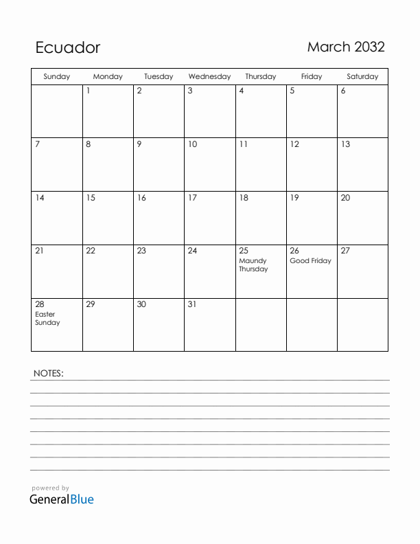 March 2032 Ecuador Calendar with Holidays (Sunday Start)