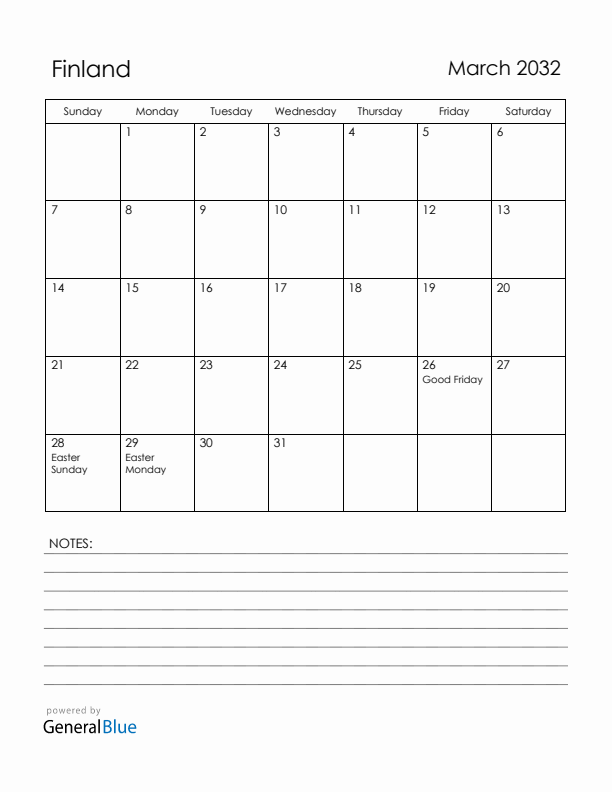 March 2032 Finland Calendar with Holidays (Sunday Start)