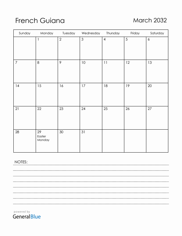 March 2032 French Guiana Calendar with Holidays (Sunday Start)