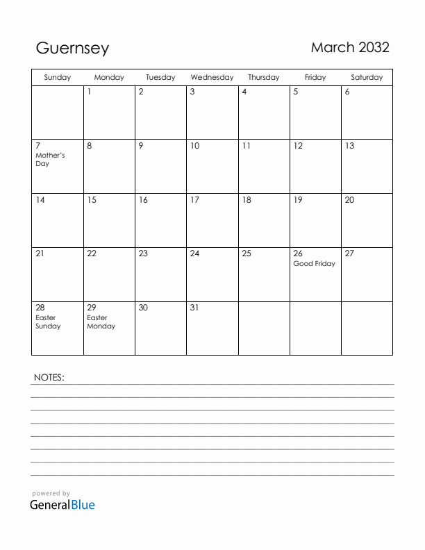 March 2032 Guernsey Calendar with Holidays (Sunday Start)