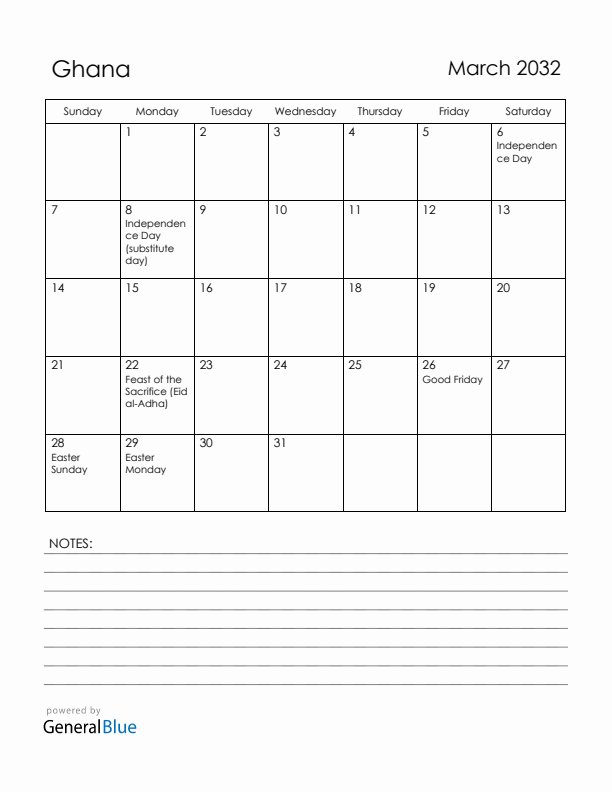 March 2032 Ghana Calendar with Holidays (Sunday Start)