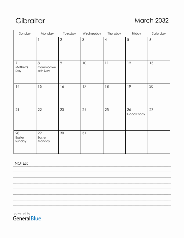 March 2032 Gibraltar Calendar with Holidays (Sunday Start)
