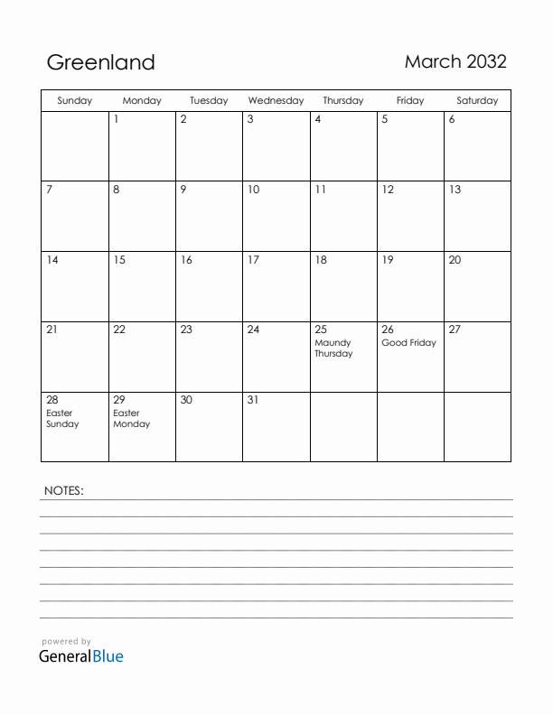 March 2032 Greenland Calendar with Holidays (Sunday Start)