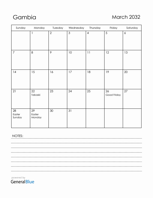 March 2032 Gambia Calendar with Holidays (Sunday Start)
