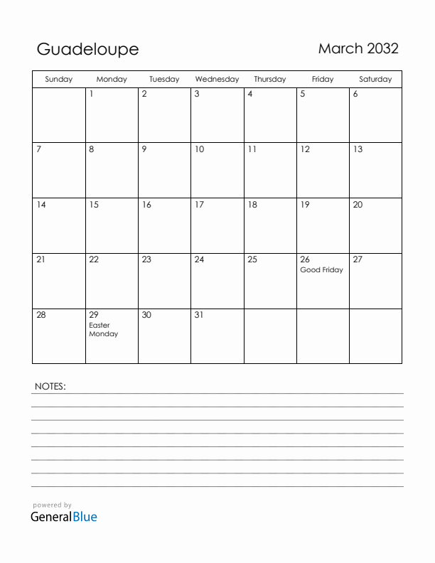 March 2032 Guadeloupe Calendar with Holidays (Sunday Start)