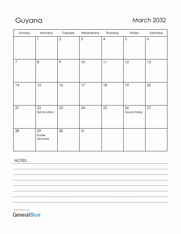 March 2032 Guyana Calendar with Holidays (Sunday Start)