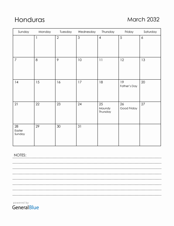 March 2032 Honduras Calendar with Holidays (Sunday Start)