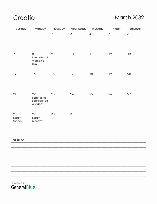 March 2032 Croatia Calendar with Holidays (Sunday Start)
