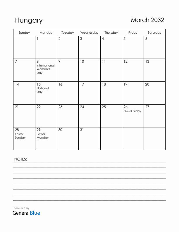 March 2032 Hungary Calendar with Holidays (Sunday Start)
