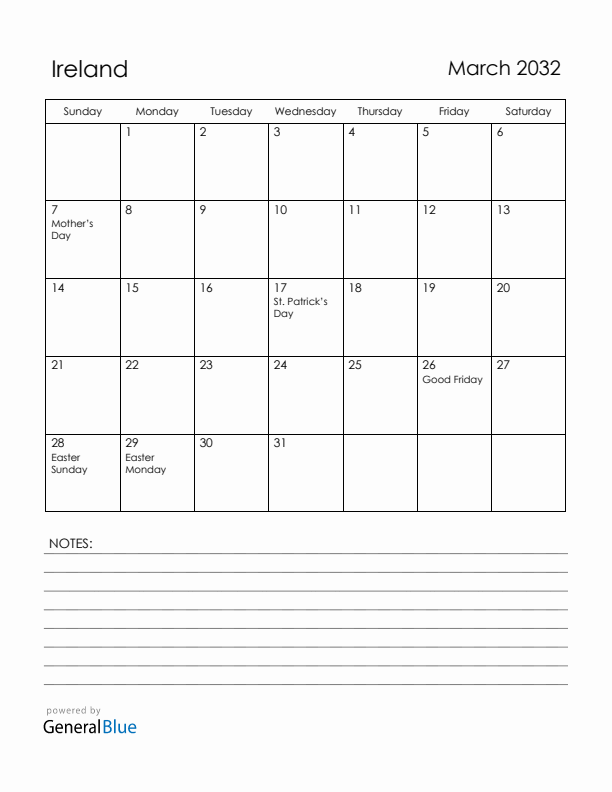 March 2032 Ireland Calendar with Holidays (Sunday Start)