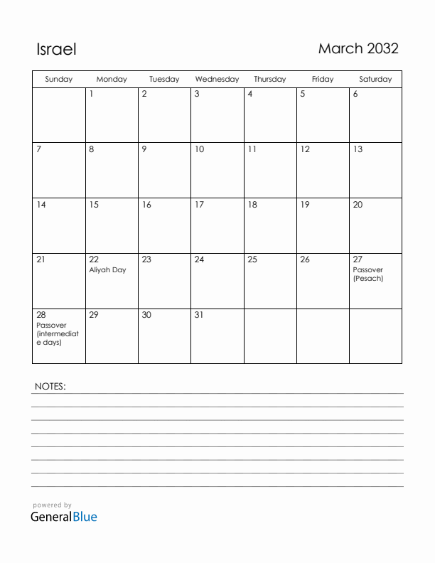 March 2032 Israel Calendar with Holidays (Sunday Start)