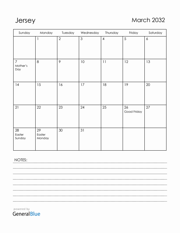 March 2032 Jersey Calendar with Holidays (Sunday Start)