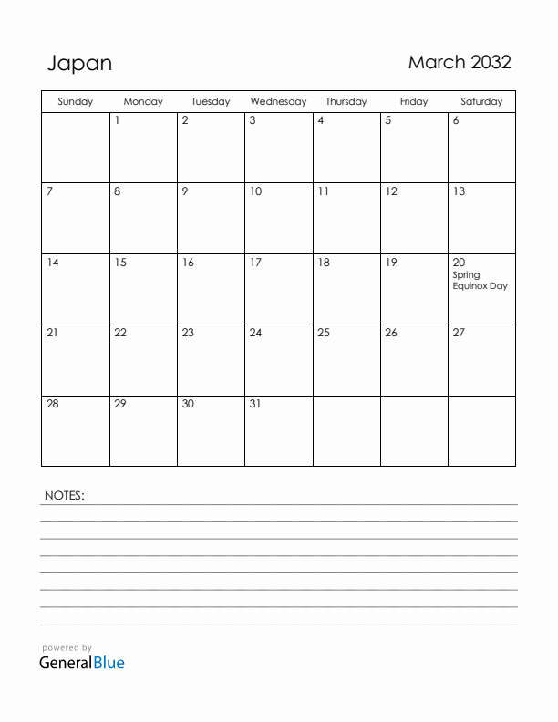 March 2032 Japan Calendar with Holidays (Sunday Start)