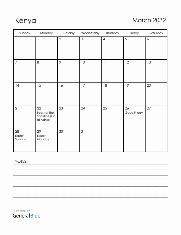 March 2032 Kenya Calendar with Holidays (Sunday Start)