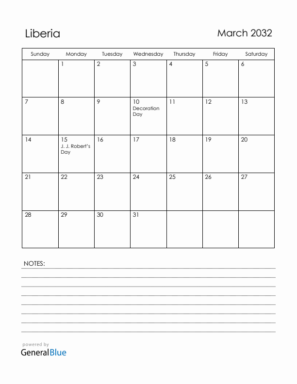 March 2032 Liberia Calendar with Holidays (Sunday Start)