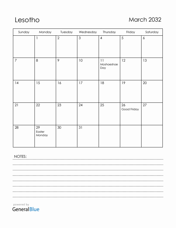 March 2032 Lesotho Calendar with Holidays (Sunday Start)