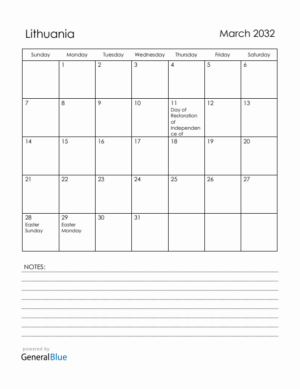 March 2032 Lithuania Calendar with Holidays (Sunday Start)