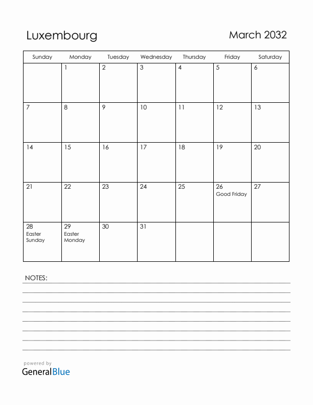 March 2032 Luxembourg Calendar with Holidays (Sunday Start)