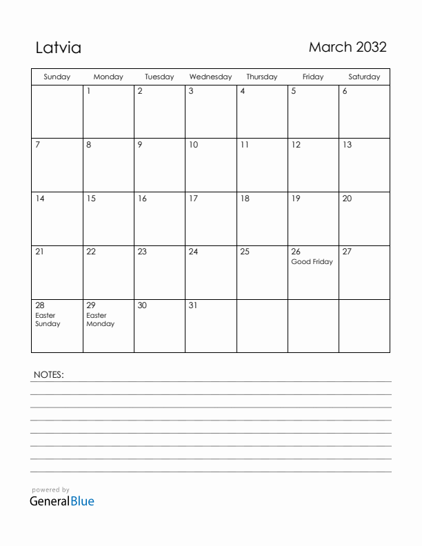 March 2032 Latvia Calendar with Holidays (Sunday Start)