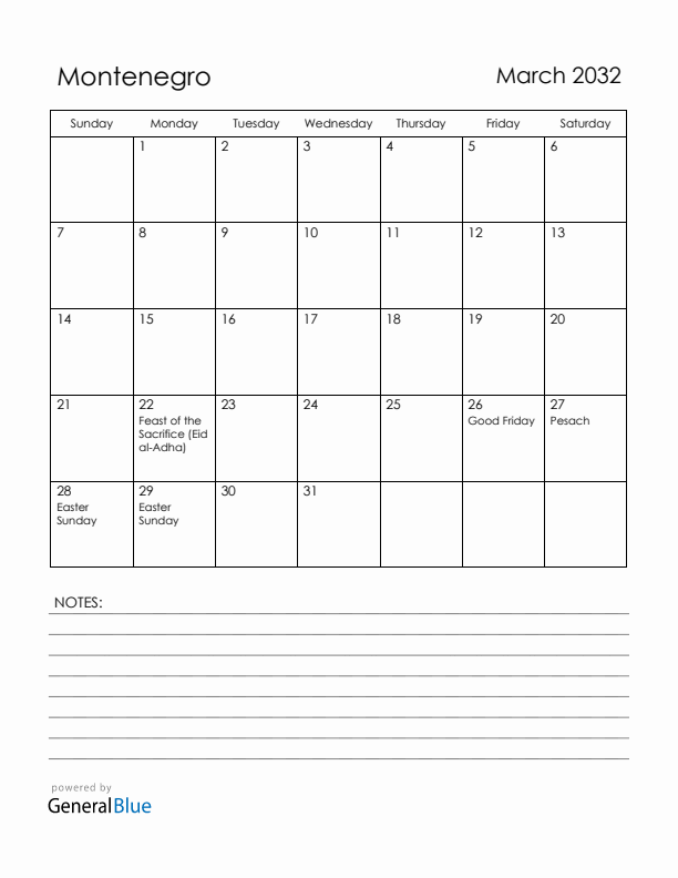 March 2032 Montenegro Calendar with Holidays (Sunday Start)