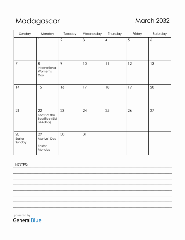 March 2032 Madagascar Calendar with Holidays (Sunday Start)