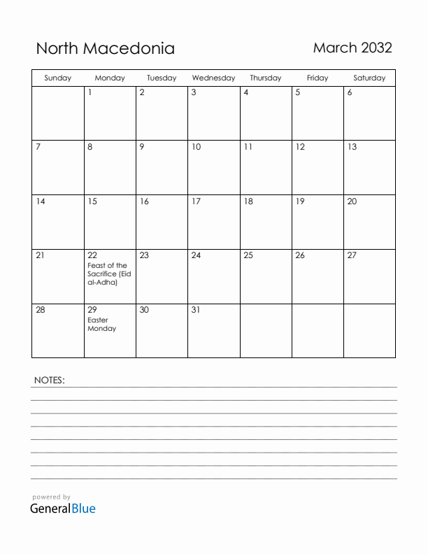 March 2032 North Macedonia Calendar with Holidays (Sunday Start)