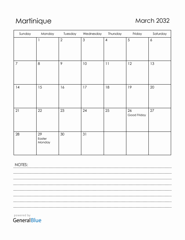March 2032 Martinique Calendar with Holidays (Sunday Start)