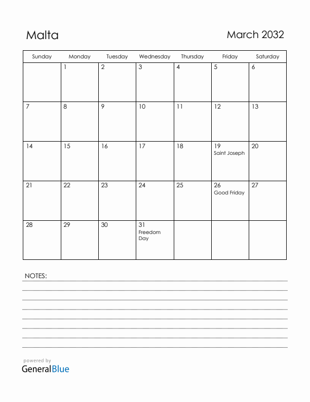 March 2032 Malta Calendar with Holidays (Sunday Start)