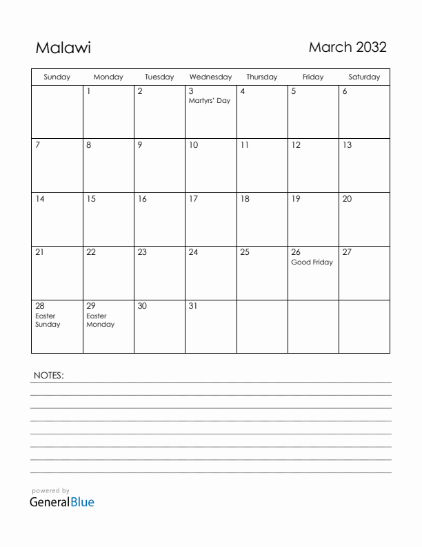 March 2032 Malawi Calendar with Holidays (Sunday Start)