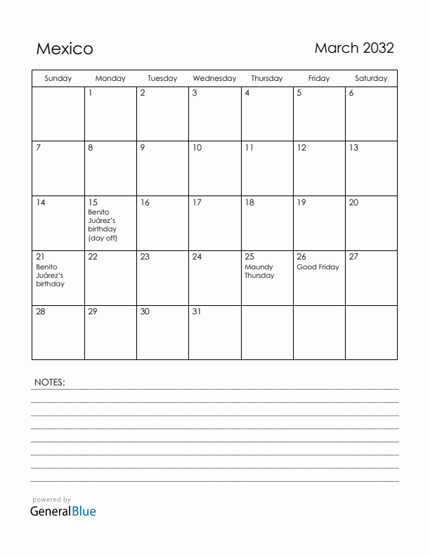 March 2032 Mexico Calendar with Holidays (Sunday Start)