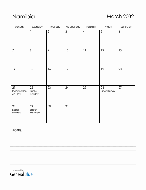 March 2032 Namibia Calendar with Holidays (Sunday Start)
