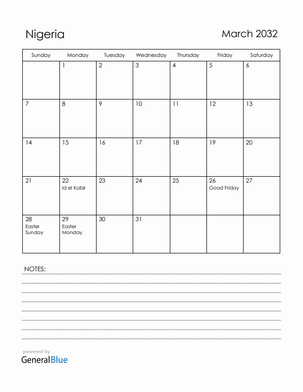 March 2032 Nigeria Calendar with Holidays (Sunday Start)