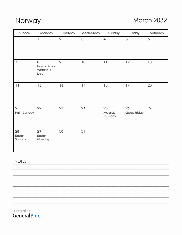 March 2032 Norway Calendar with Holidays (Sunday Start)