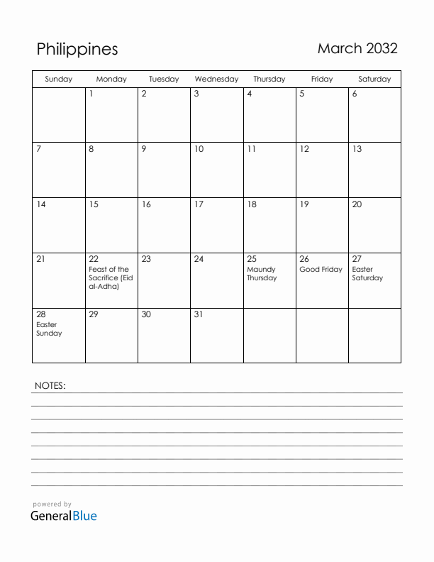 March 2032 Philippines Calendar with Holidays (Sunday Start)