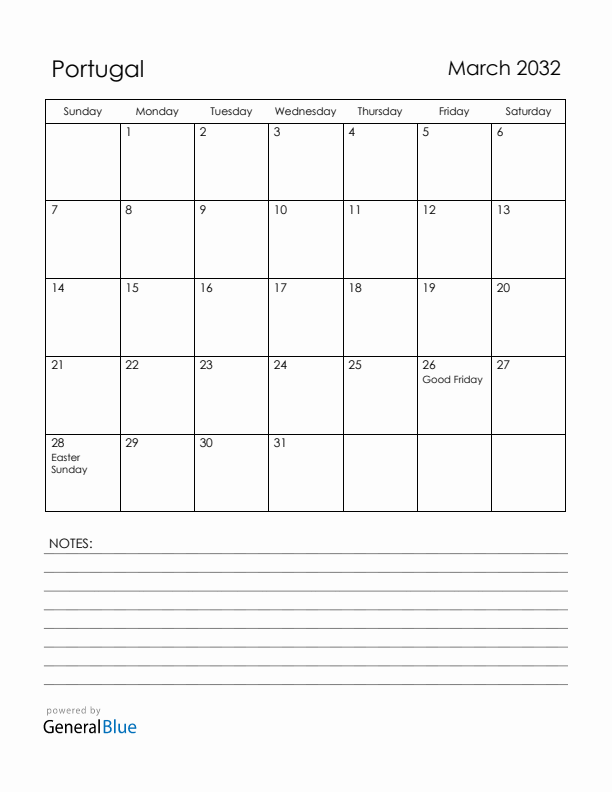 March 2032 Portugal Calendar with Holidays (Sunday Start)