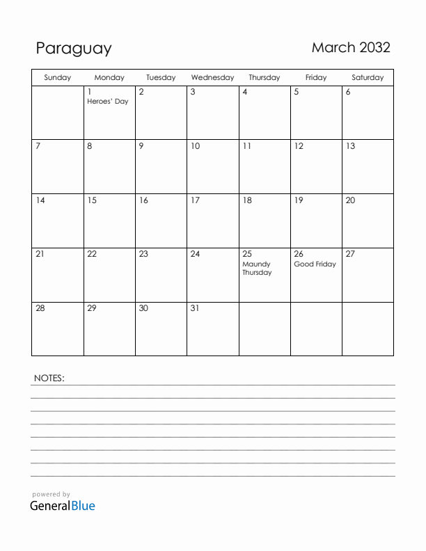March 2032 Paraguay Calendar with Holidays (Sunday Start)