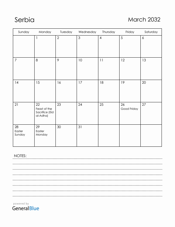 March 2032 Serbia Calendar with Holidays (Sunday Start)