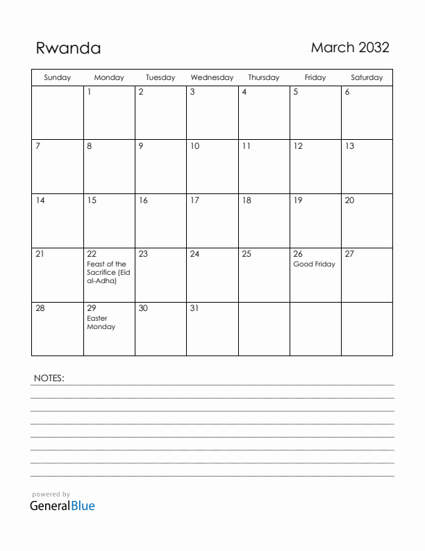 March 2032 Rwanda Calendar with Holidays (Sunday Start)