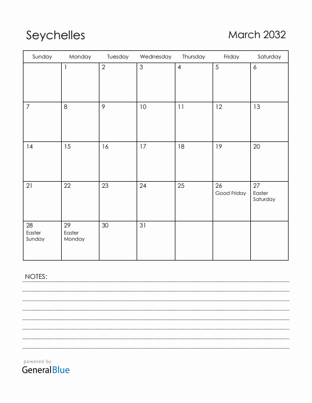March 2032 Seychelles Calendar with Holidays (Sunday Start)