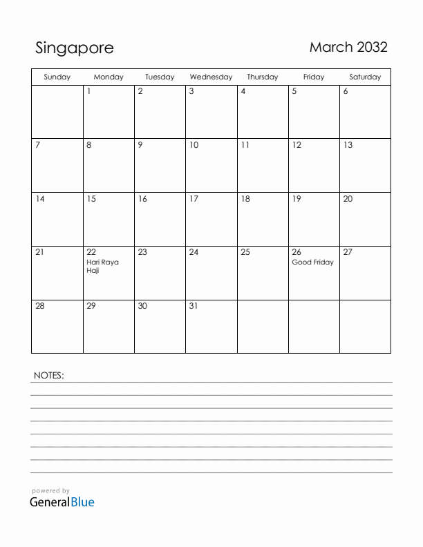 March 2032 Singapore Calendar with Holidays (Sunday Start)