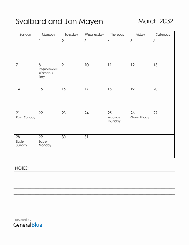 March 2032 Svalbard and Jan Mayen Calendar with Holidays (Sunday Start)