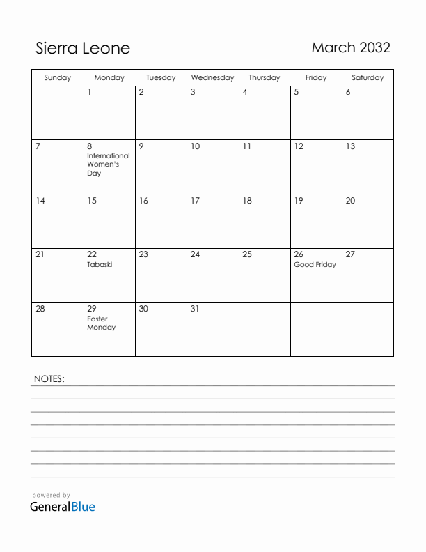March 2032 Sierra Leone Calendar with Holidays (Sunday Start)